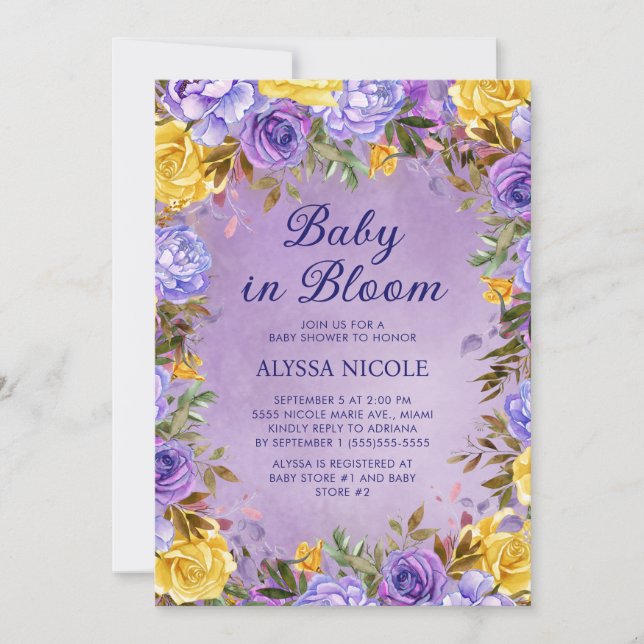 Invitation Fleurs de Pivoines Roses Jaunes Violettes Bébé en  (Devant)