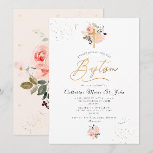 Invitation Fleurs de PixDezines Roses aquarelles rose baptême