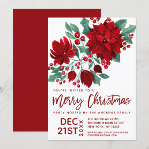 Invitation Fleurs de Poinsettia Ivy Feuille Aquarelle Noël
