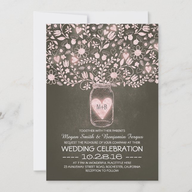 Invitation Fleurs de pot Mason rose mariage rustique invite (Devant)