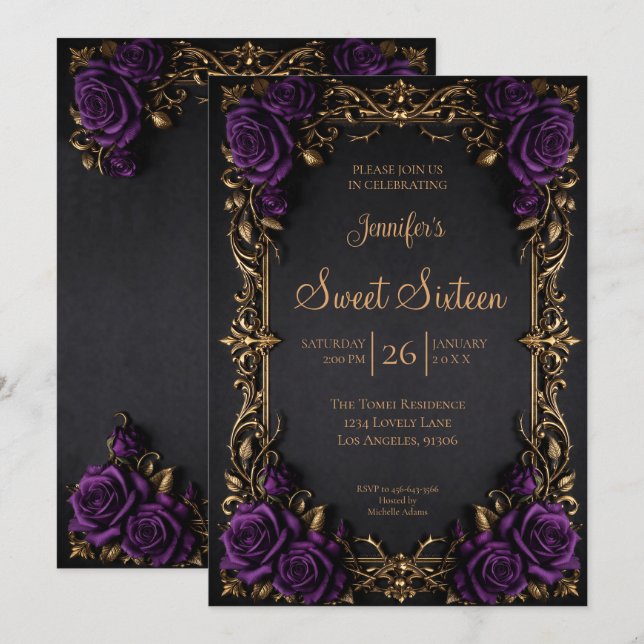 Invitation Fleurs de pourpre foncé gothique Sweet 16 (Devant / Derrière)