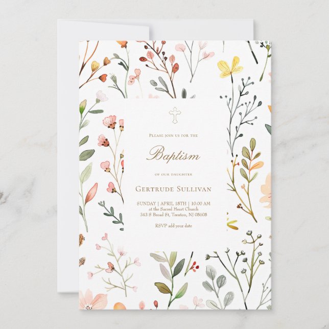 Invitation fleurs de prairie à l'aquarelle motif Baptême (Devant)