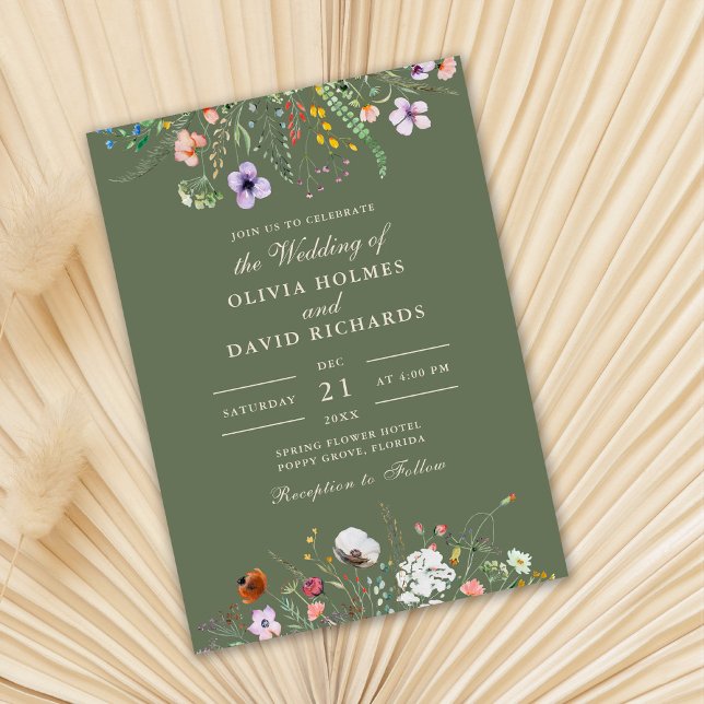 Invitation Fleurs de Prairie de Mariage Vert Olive Sauvage  (Sage Green Watercolor Wildflower Meadow Wedding Invitation on dry palm leaf.)