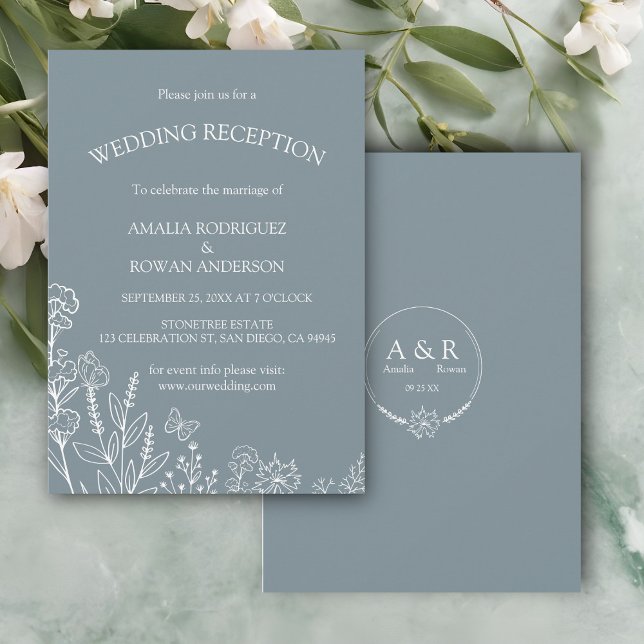 Invitation Fleurs de prairie Réception de mariage gris bleu (Créateur téléchargé)