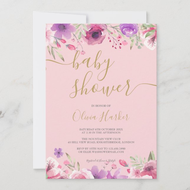 Invitation Fleurs de Prairie Verte Bébé Fille Shower/ Sprinkl (Devant)