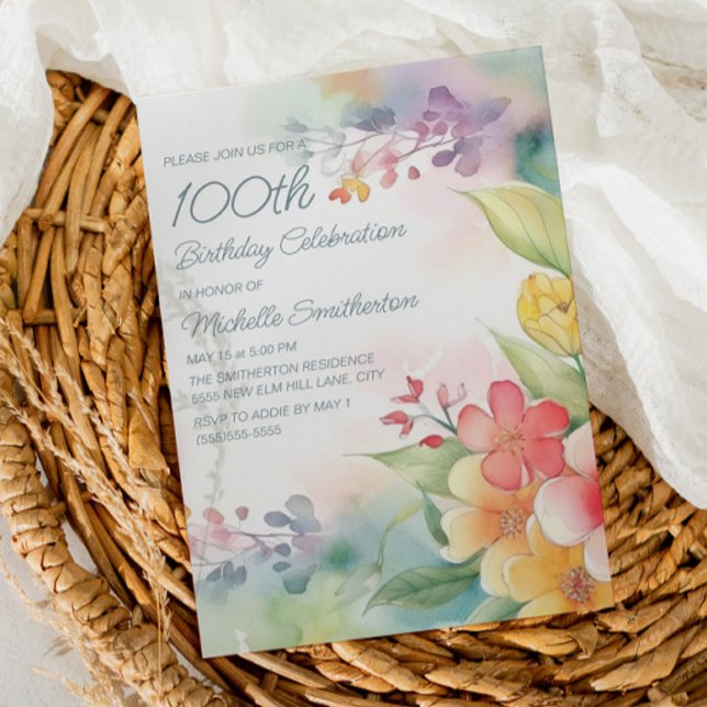 Invitation Fleurs de printemps à l'aquarelle 100e anniversair (Créateur téléchargé)