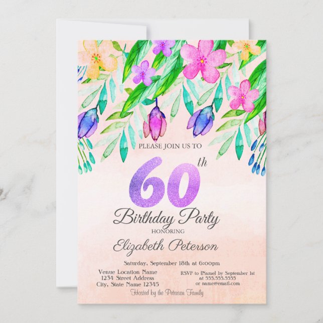 Invitation Fleurs de printemps à l'aquarelle 60e anniversaire (Devant)
