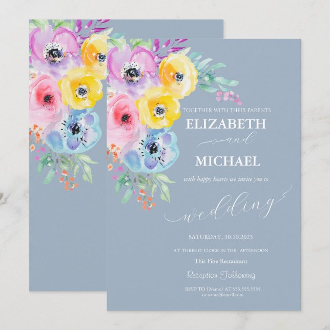 Invitation Fleurs de printemps à l'aquarelle Mariage bleu pou (Devant / Derrière)