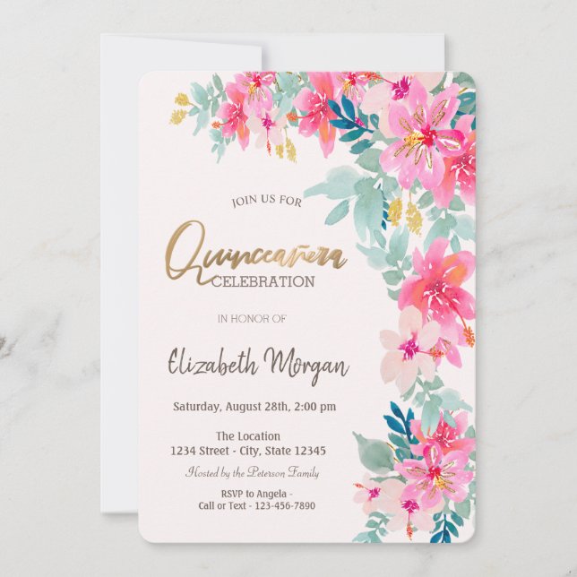 Invitation Fleurs de printemps à l'aquarelle Quinceañera (Devant)