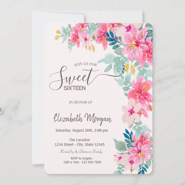 Invitation Fleurs de printemps à l'aquarelle Sweet 16 (Devant)