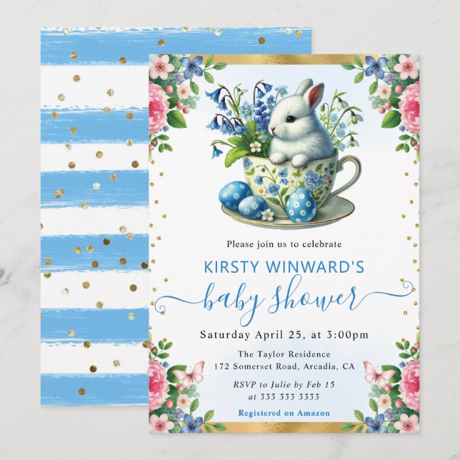 Invitation Fleurs de printemps au lavis pour bébé lapin Showe (Devant / Derrière)