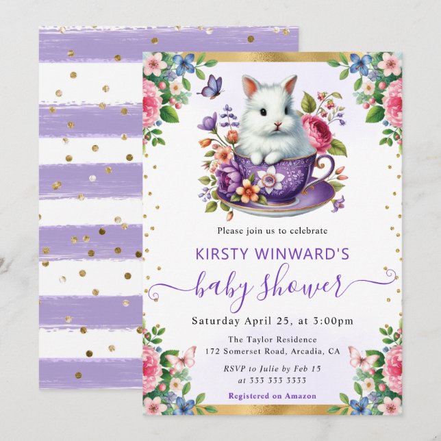 Invitation Fleurs de printemps au lavis pour bébé lapin Showe (Devant / Derrière)