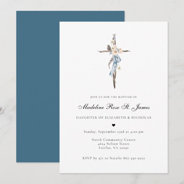 Invitation Fleurs de printemps bleues | Baptême de la croix f (Devant / Derrière)
