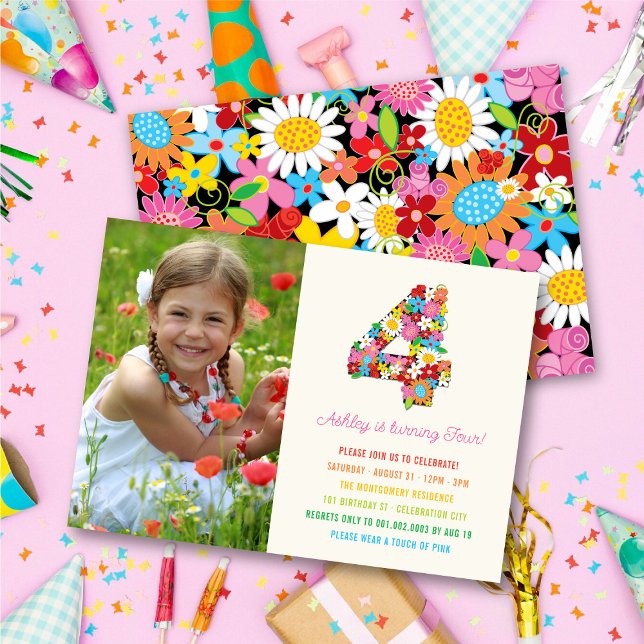 Invitation Fleurs de printemps chic Jardin Photo Girl 4e anni (Chic Colorful Whimsical Spring Flowers Garden Photo Girl 4th Birthday Party Invitation @ fatfatin)