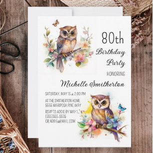 Invitation Fleurs de printemps de hibou Papillons 80e anniver