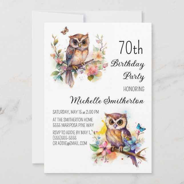 Invitation Fleurs de printemps papillons Hibou 70e anniversai (Devant)