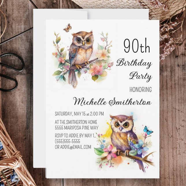 Invitation Fleurs de printemps papillons Hibou 90e anniversai (Créateur téléchargé)