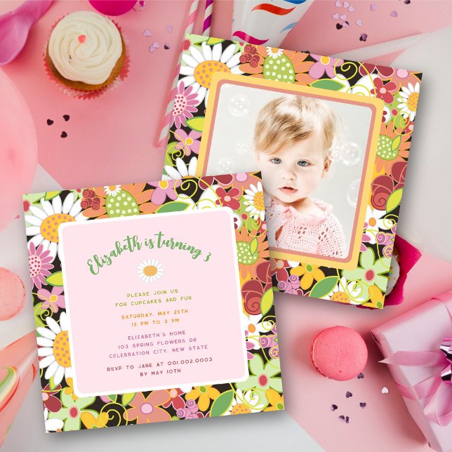 Invitation Fleurs de printemps pastel Fête d'anniversaire de  (Pink Pastels Spring Flowers Garden Sweet & Chic Girl's Birthday Party Photo Invitation @ fat_fa_tin)