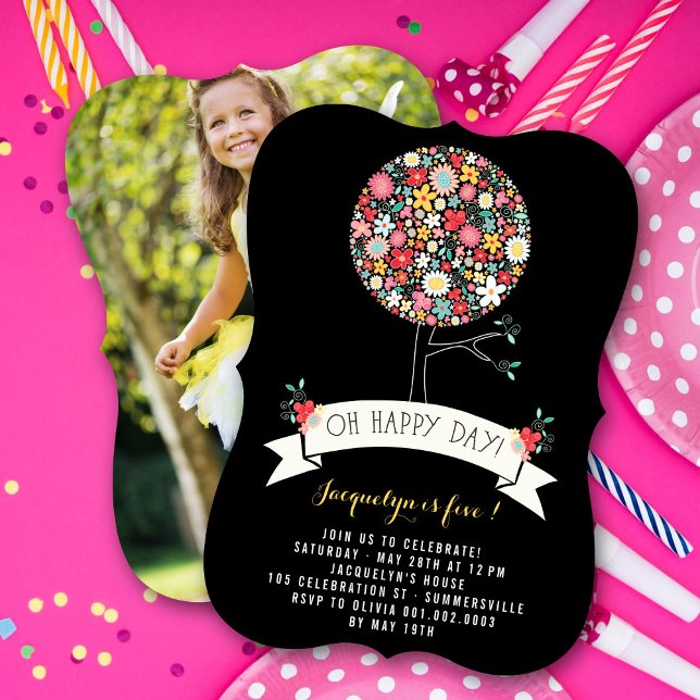 Invitation Fleurs de printemps Pop Tree Girl Anniversaire Pho (Whimsical Colorful Spring Flowers Pop Tree Girl's Birthday Party Photo Invitation @ fat_fa_tin)