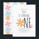 Invitation Fleurs de printemps rose bleu orange Premier anniv<br><div class="desc">Cartes d'invitation de fête illustrées Floral printemps moderne mignon Anniversaire</div>