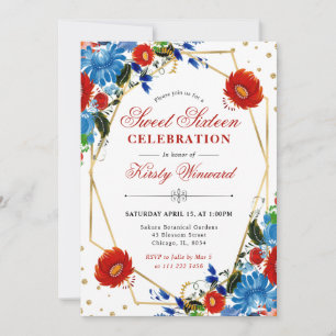 Invitation Fleurs de printemps rouges et bleues encadrent un 