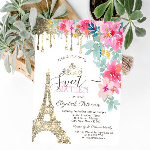 Invitation Fleurs de printemps Tour Eiffel Or Dégoulinant Swe