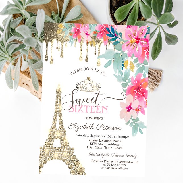 Invitation Fleurs de printemps Tour Eiffel Or Dégoulinant Swe (Créateur téléchargé)