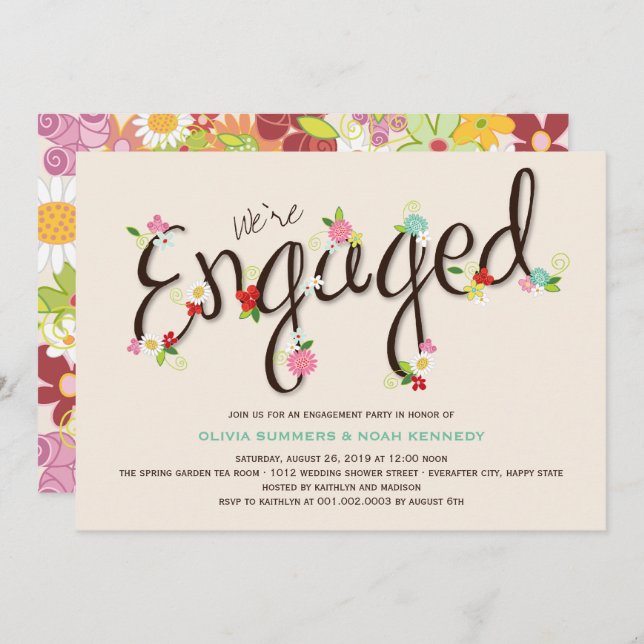 Invitation Fleurs de Printemps Whimsical Chic Engagement Part (Devant / Derrière)