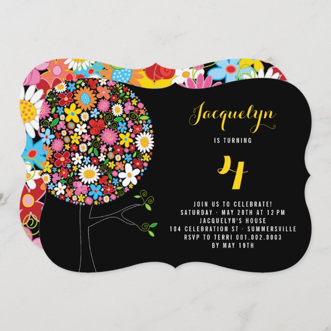 Invitation Fleurs de printemps Whimsical Pop Tree fête d'anni (Devant / Derrière)
