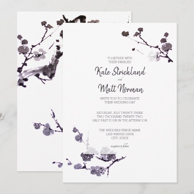 Invitation Fleurs de prunier sumie Mariage (Devant / Derrière)