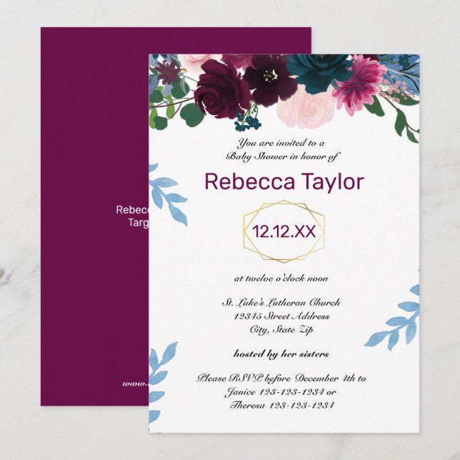 Invitation Fleurs de Prunier Verticales - Baby Shower (Devant / Derrière)