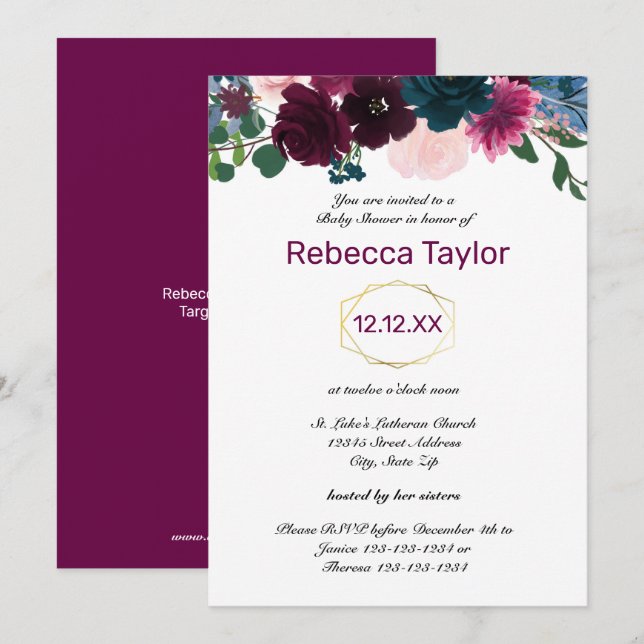 Invitation Fleurs de Prunier Verticales - Baby Shower (Devant / Derrière)