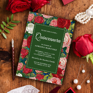 Invitation Fleurs de Quinceanera romantiques roses rouges vin