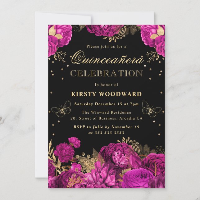 Invitation Fleurs de Quinceanera roses chaudes et or (Devant)