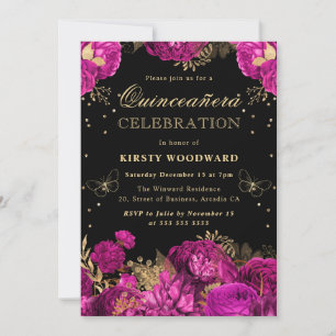 Invitation Fleurs de Quinceanera roses chaudes et or