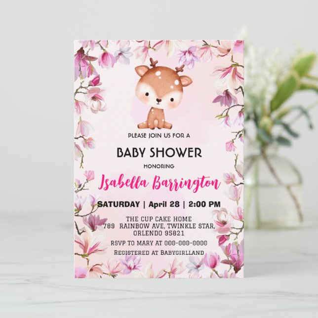 Invitation Fleurs de rennes roses mignonnes baby showers enfa (Debout devant)