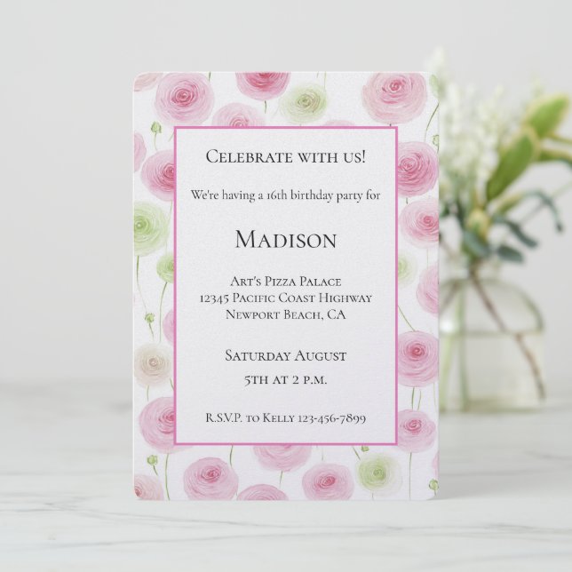 Invitation Fleurs de Renoncule Rose Féminin Anniversaire (Debout devant)