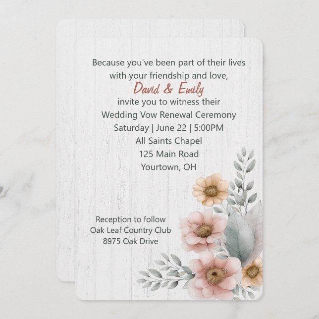 Invitation Fleurs De Renouveau Vow Sur Le Bois (Devant / Derrière)
