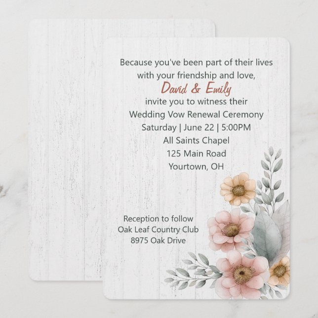Invitation Fleurs de renouvellement de vœux sur bois (Devant / Derrière)