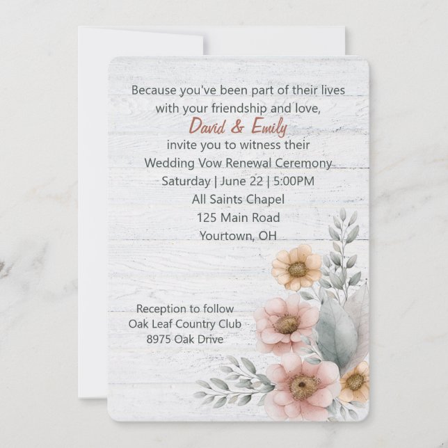 Invitation Fleurs de renouvellement de vœux sur bois blanchi (Devant)
