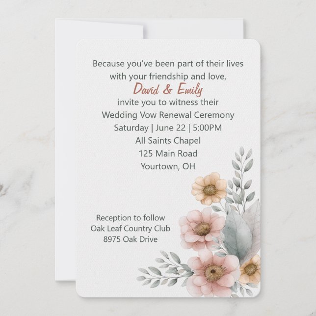 Invitation Fleurs de renouvellement de vœux sur fond blanc (Devant)