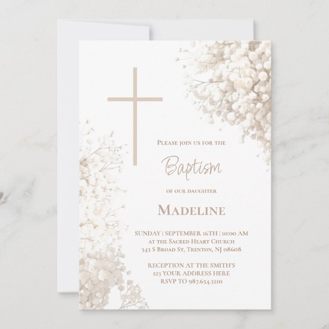 Invitation Fleurs de Respiration de Bébé blanches Baptême (Devant)