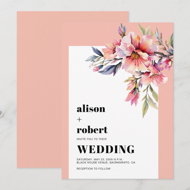 Invitation Fleurs de rhododendron rose pêche mariage vert sau (Devant / Derrière)