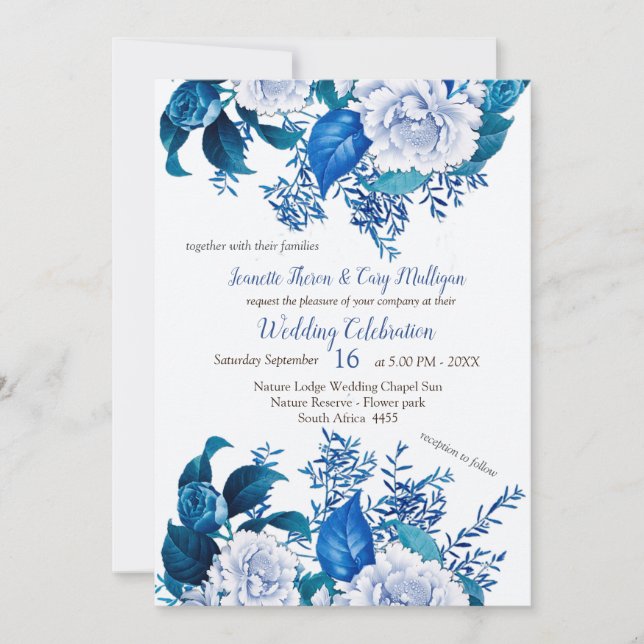 Invitation Fleurs de rose blanche sur papier motif bleu (Devant)