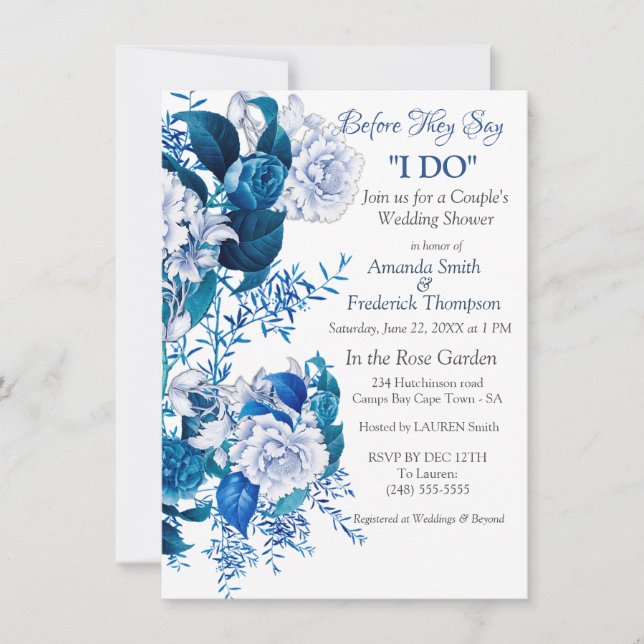 Invitation Fleurs de rose blanche sur papier motif bleu (Devant)