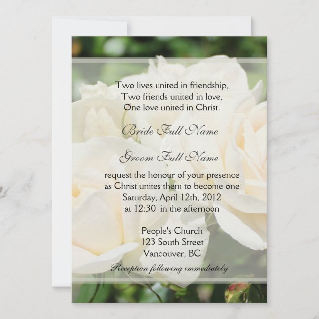 Invitation Fleurs de rose blanches pures mariage chrétien (Devant)