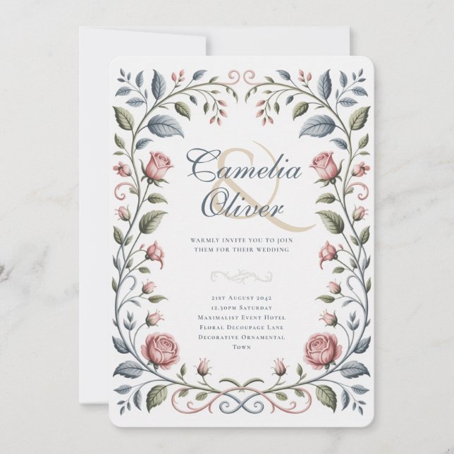Invitation Fleurs de rose botaniques victoriennes rose bleu (Devant)