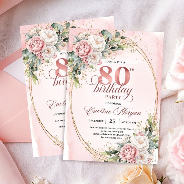 Invitation Fleurs de rose classique et verdure pour 80e anniv (Classic Blush Pink Flowers Greenery 80th Invitation)