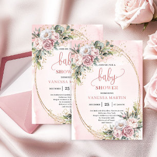 Invitation Fleurs de rose doré rêveuses pour la baby shower f