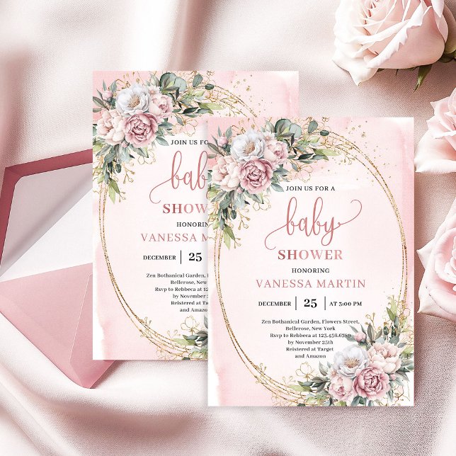 Invitation Fleurs de rose doré rêveuses pour la baby shower f (Dreamy Rose Gold Flowers Greenery Girl Baby Shower)